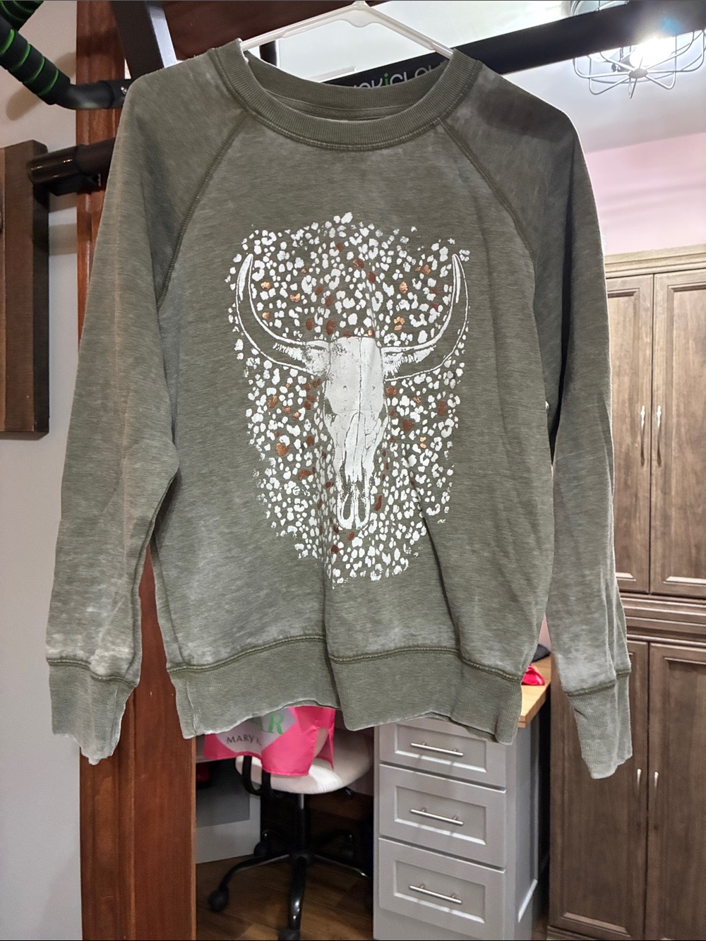 Maurices Olive Crewneck Sweatshirt with White Skull Graphic